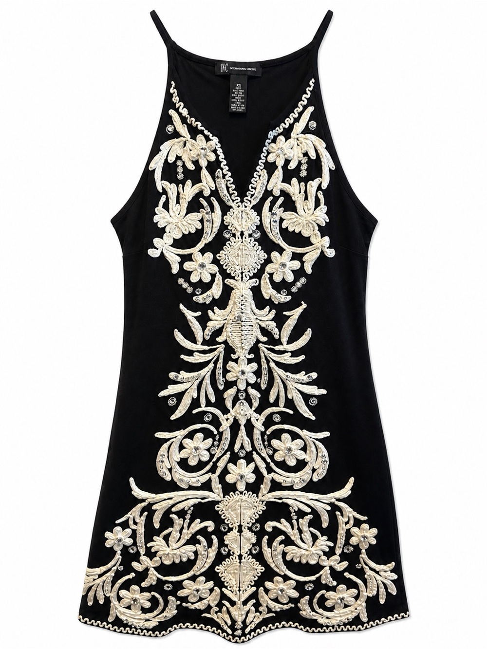 INC international Concepts Black Embroidered Dress XS Floral Appliqué Mini